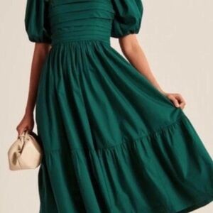 Abercrombie & Fitch Ruched Puff Sleeve Poplin Midi Dress